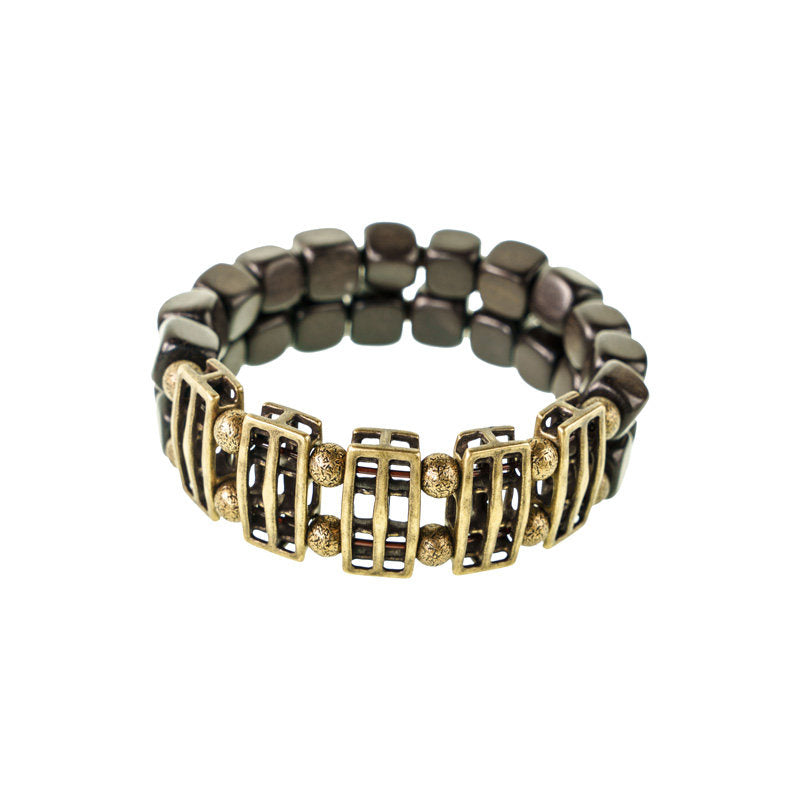 Serene Lucky | "Architectural Anchor" Ebony Wood & Antiqued Brass Slab Cuff