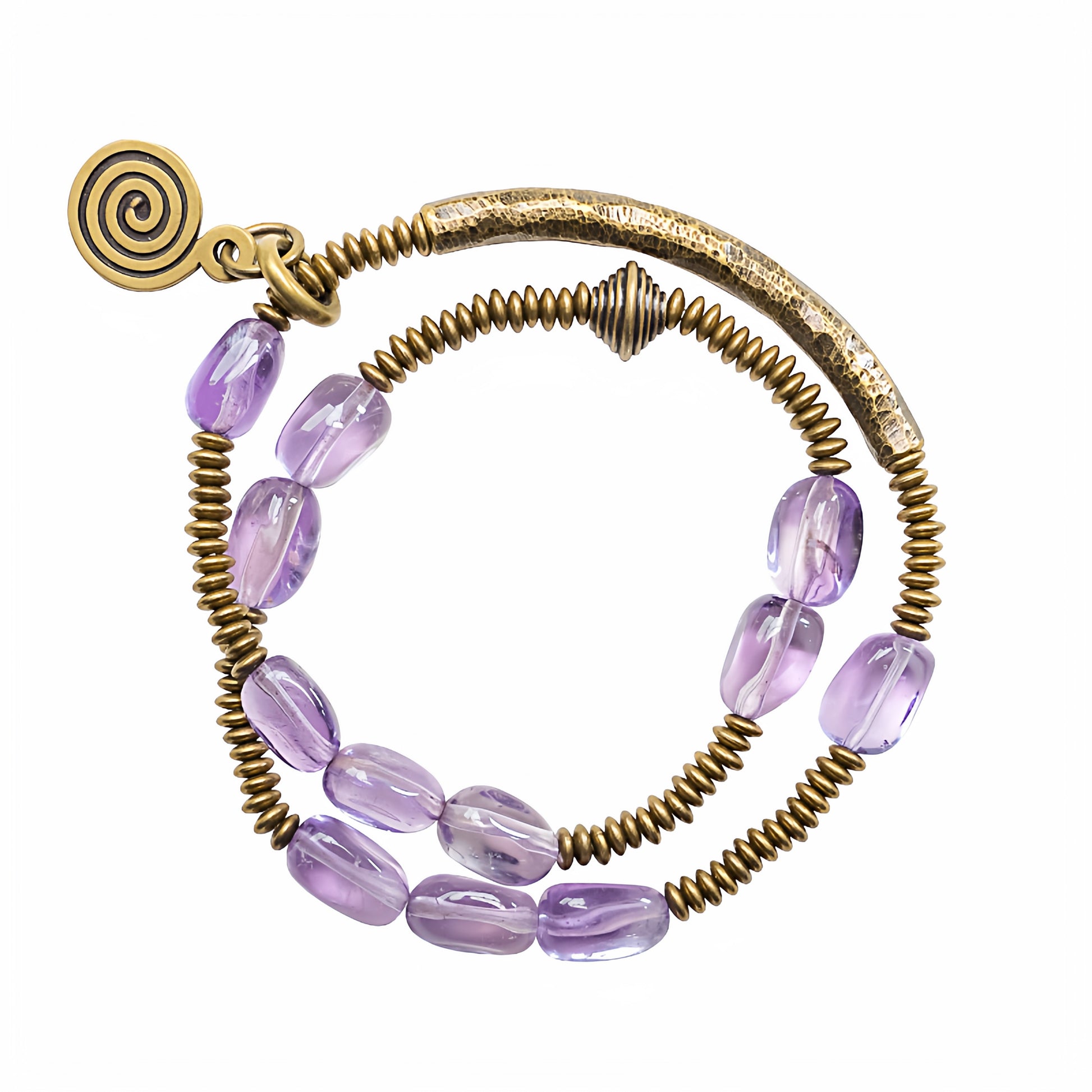 A top-down full view of the Serene Lucky Royal Wisdom wrap bracelet, featuring layers of faceted purple amethyst beads, hammered brass tubes, and a central spiral sun charm on a clean white background.