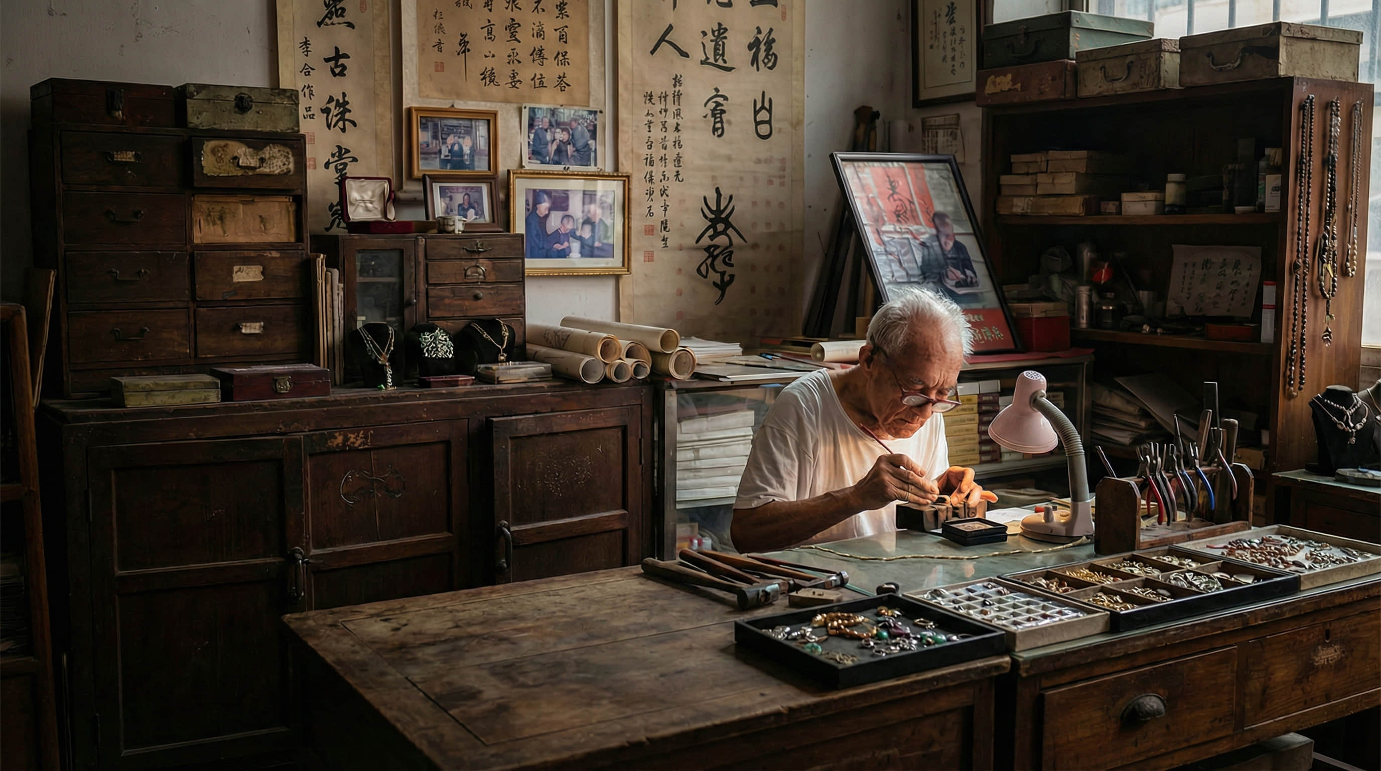 An elderly Chinese master craftsman meticulously hand-carving jewelry in a traditional workshop filled with calligraphy and tools.